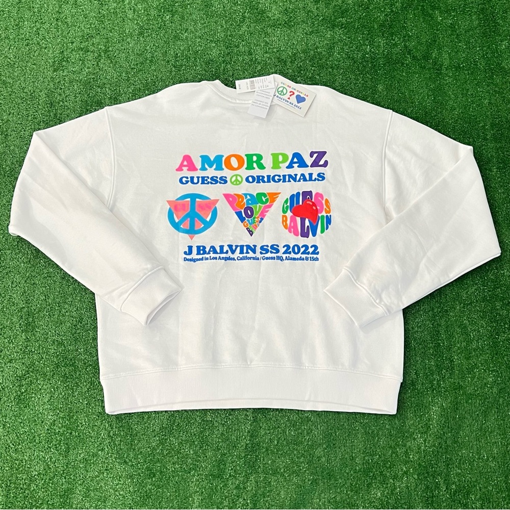 Guess X J Balvin Amor Paz Peace Love Crewneck Sweatshirt Mens L 2022 ($98 MSRP)